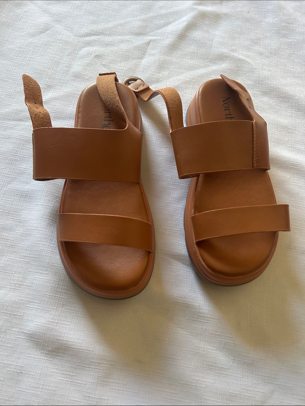 Women’s Tan Two-Strap Slingback Sandals with Adjustable Back size like 6 o 7